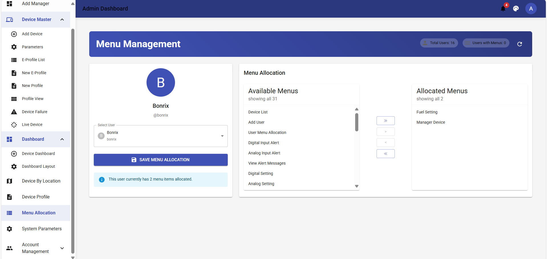 admin side menu allocation